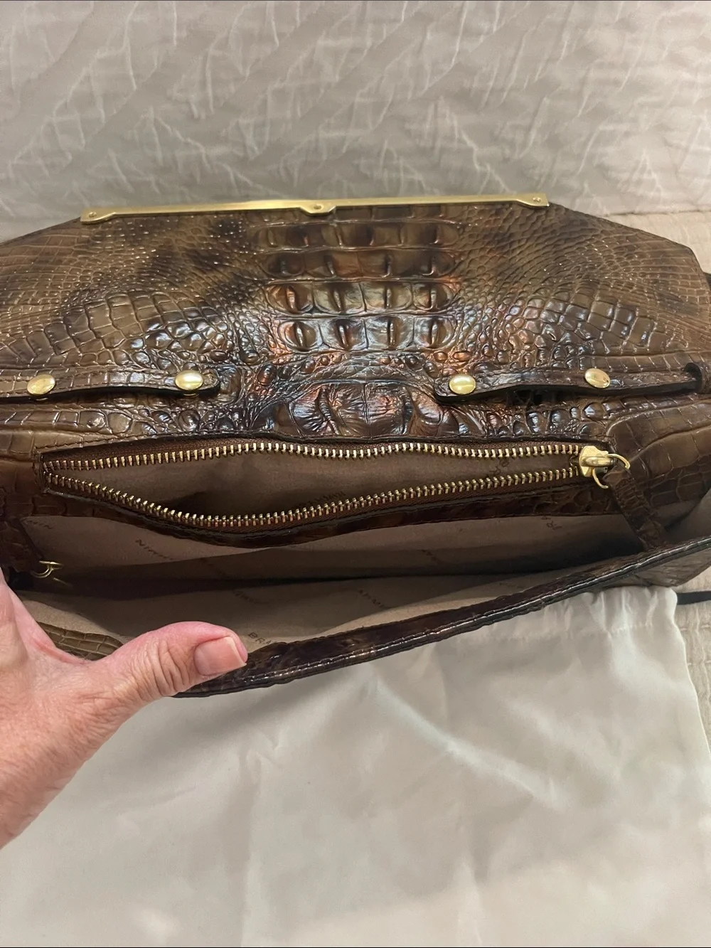 Brahmin Brown Croc-Embossed Leather Clutch with Gold Bar